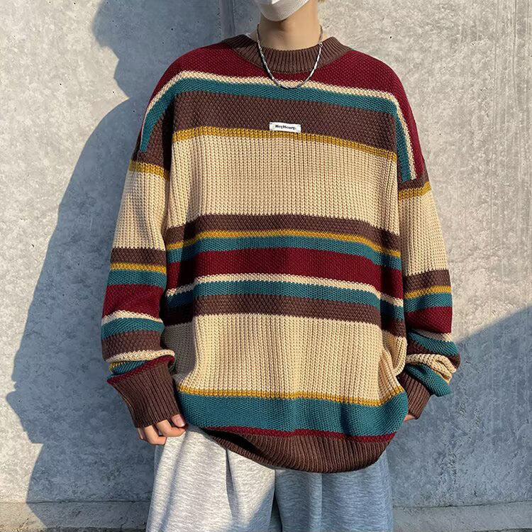 Herren Lässiger Grobstrickpullover mit buntem Streifenmuster Nord Taschen