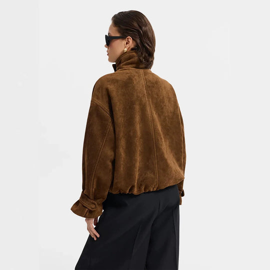 Damen Oversize Veloursleder-Blouson mit großen Pattentaschen und Stehkragen Nord Taschen