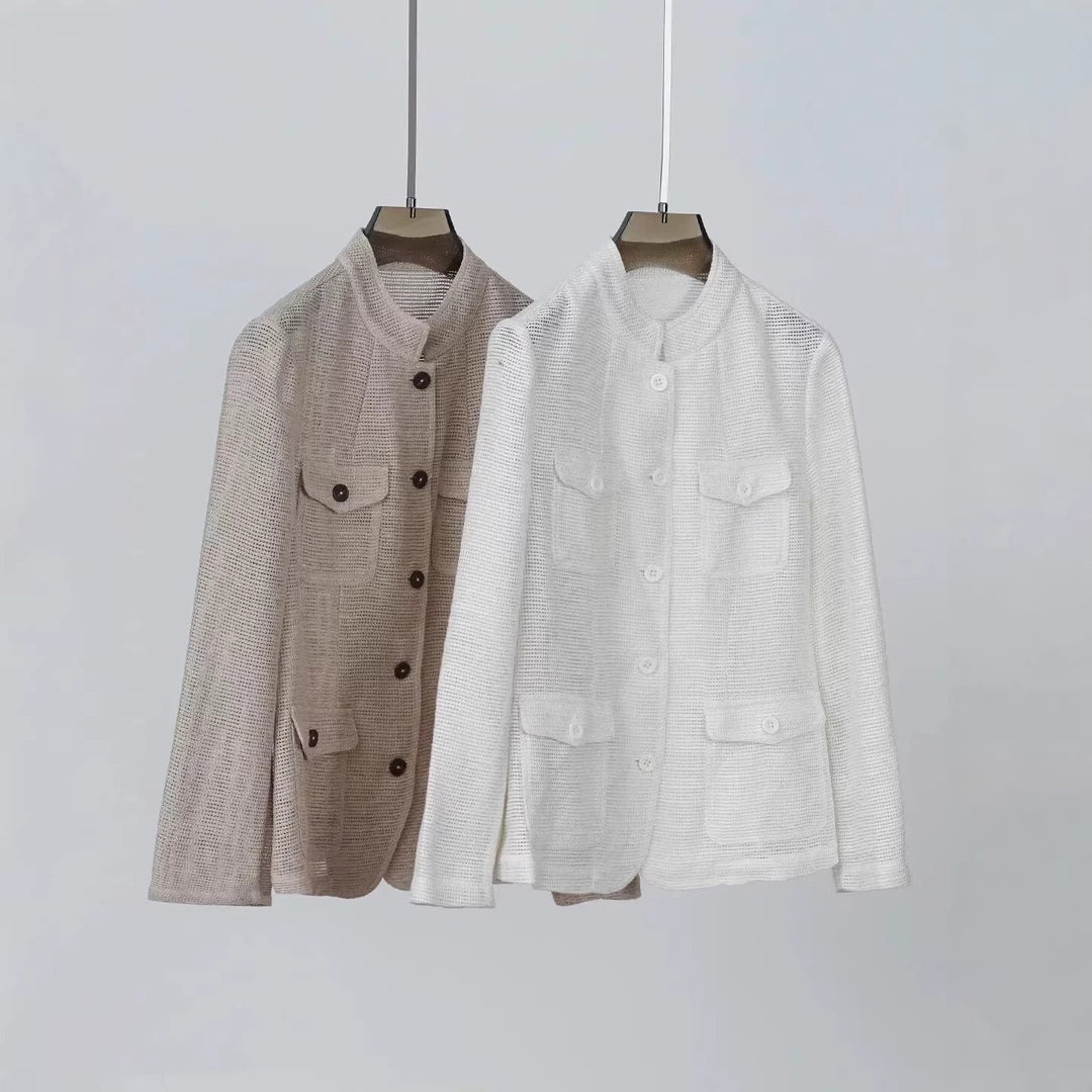 Damen Leichte Häkeloptik-Übergangsjacke mit Rundkragen und Pattentaschen Nord Taschen