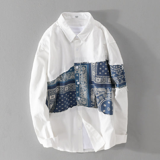Herren Patchwork-Hemdjacke mit Bandana-Einsatz, rohen Kanten und weiter Passform Nord Taschen