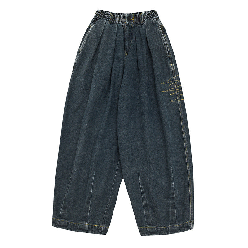 Damen Weite Denim‑Hose mit Kellerfalten, elastischem Bund und legerer Silhouette Nord Taschen