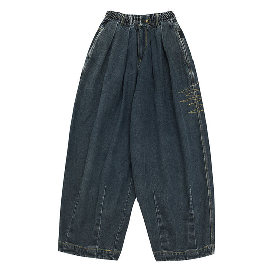 Damen Weite Denim‑Hose mit Kellerfalten, elastischem Bund und legerer Silhouette Nord Taschen