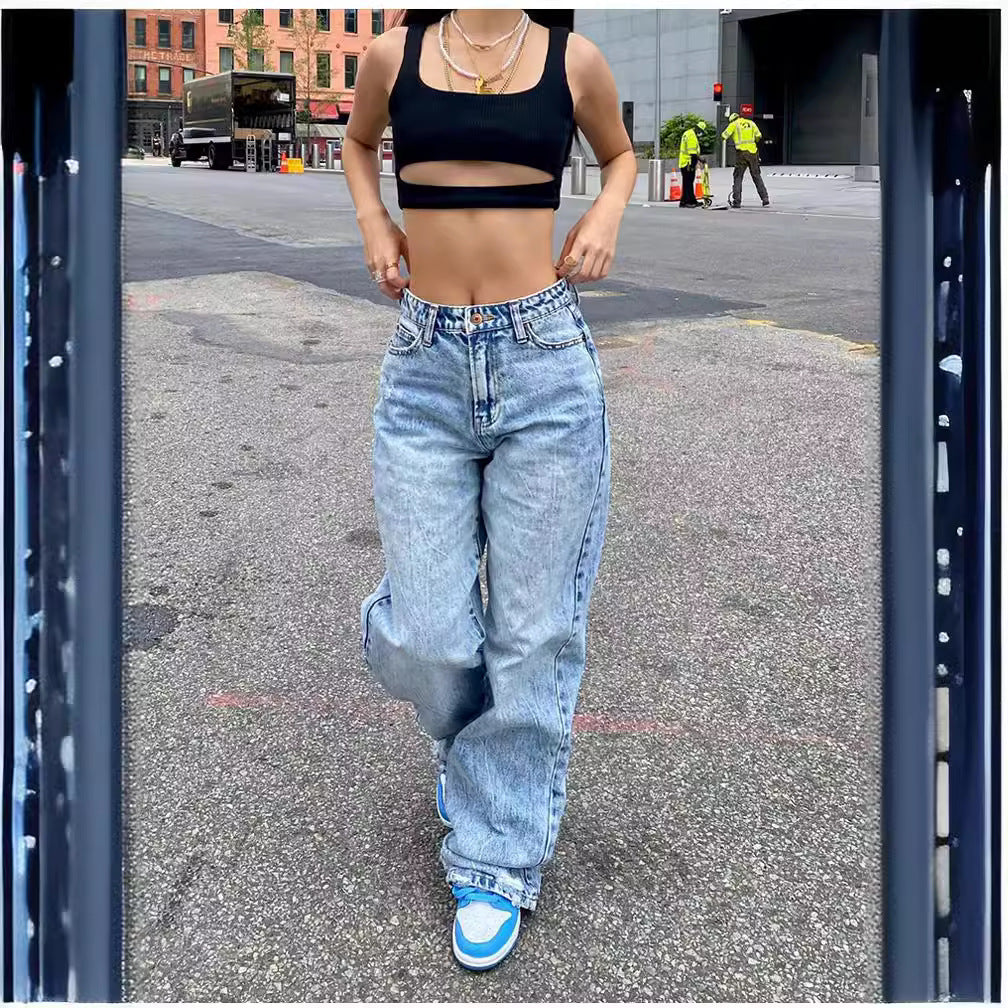 Damen weite High-Waist Baggy-Jeans mit tiefem Schritt, Five-Pocket Design und extra-langen Beinen Nord Taschen