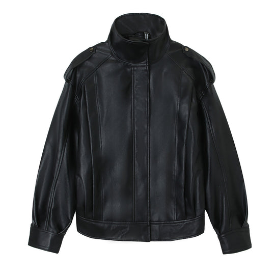 Damen Oversized-Lederjacke mit hohem Stehkragen und Schulterpatten Nord Taschen