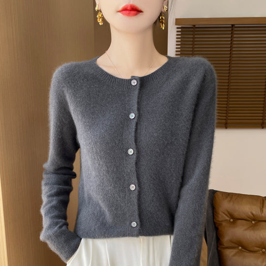 Damen Kuscheliger Kurzcardigan aus Mohair‑Mix mit feiner Schurwollstruktur und Perlmuttknopfleiste Nord Taschen