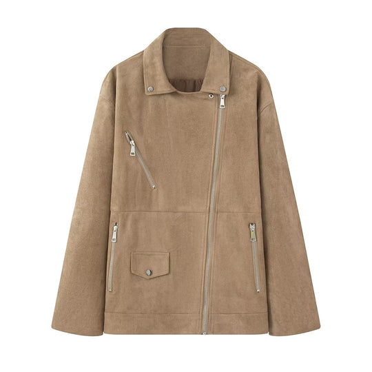 Damen Asymmetrische Veloursleder‑Optik Bikerjacke mit Stehkragen und Zippern Nord Taschen