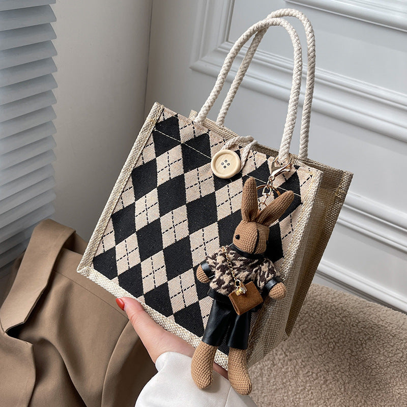 Damen Jute-Umhängetasche mit stilvollem Rautenmuster Nord Taschen