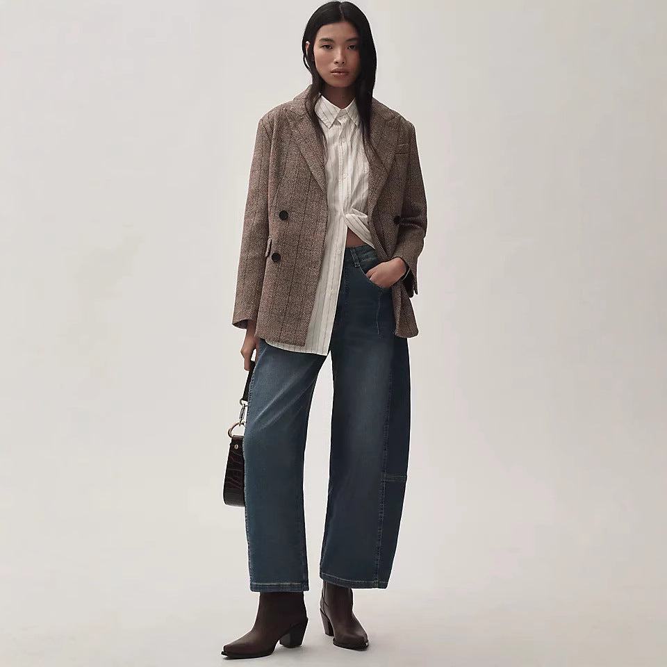 Damen hochgeschnittene weite Culotte-Jeans mit verkürzter Länge und dekorativen Nahtdetails Nord Taschen