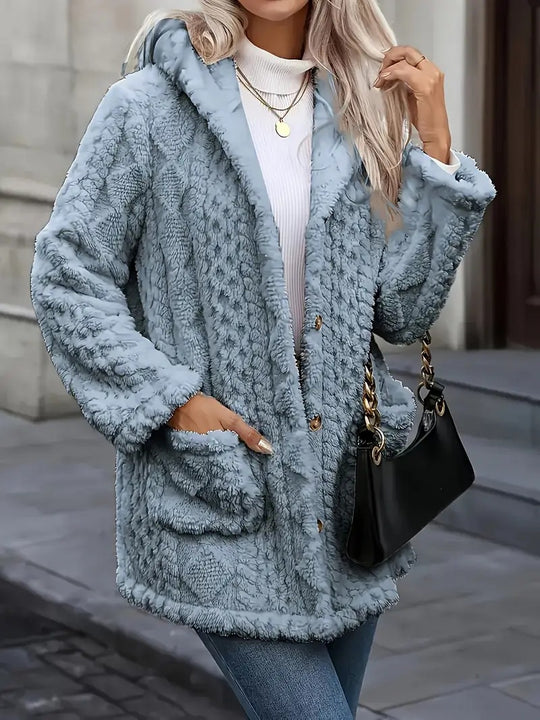 Damen Kuschelige Teddyjacke mit Kapuze, Knopfleiste und aufgesetzten Taschen Nord Taschen