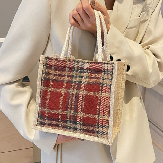 Damen Jute-Shoppingtasche mit modernem Hahnentritt-Muster Nord Taschen