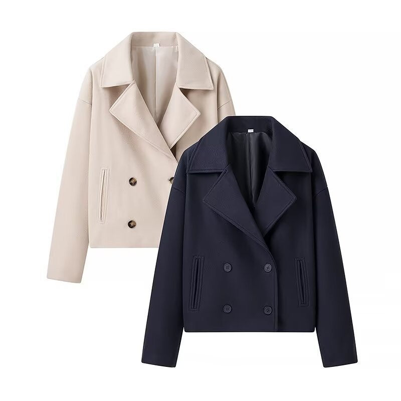Damen Kurzer Zweireihiger Boxy-Peacoat aus Wollmix mit weitem Revers Nord Taschen