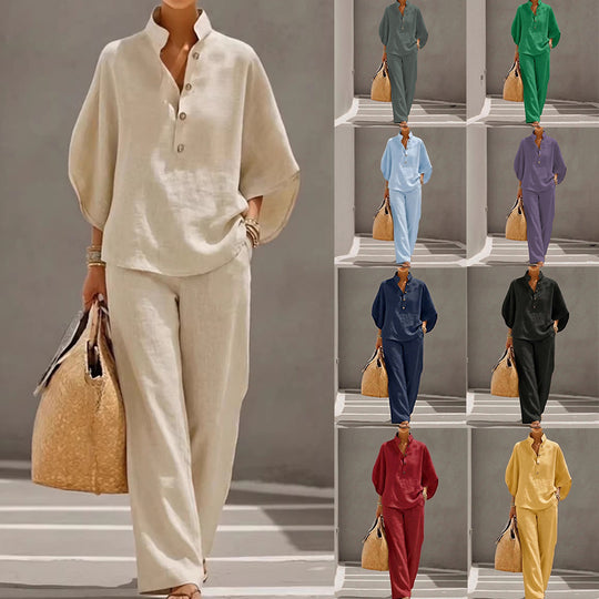 Damen Leichtes Leinen-Loungewear-Set mit Stehkragen Knopfleiste und weitem Marlene-Schnitt Nord Taschen
