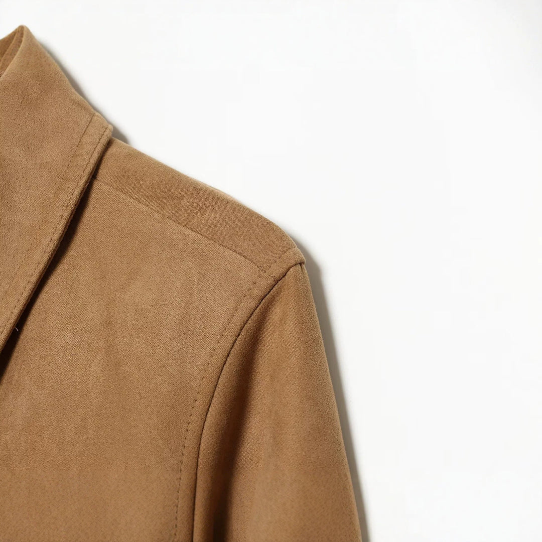 Damen Kurzer Veloursleder‑Blouson im Boxy‑Schnitt mit Hemdkragen, Klappentaschen und breitem Rippbund Nord Taschen