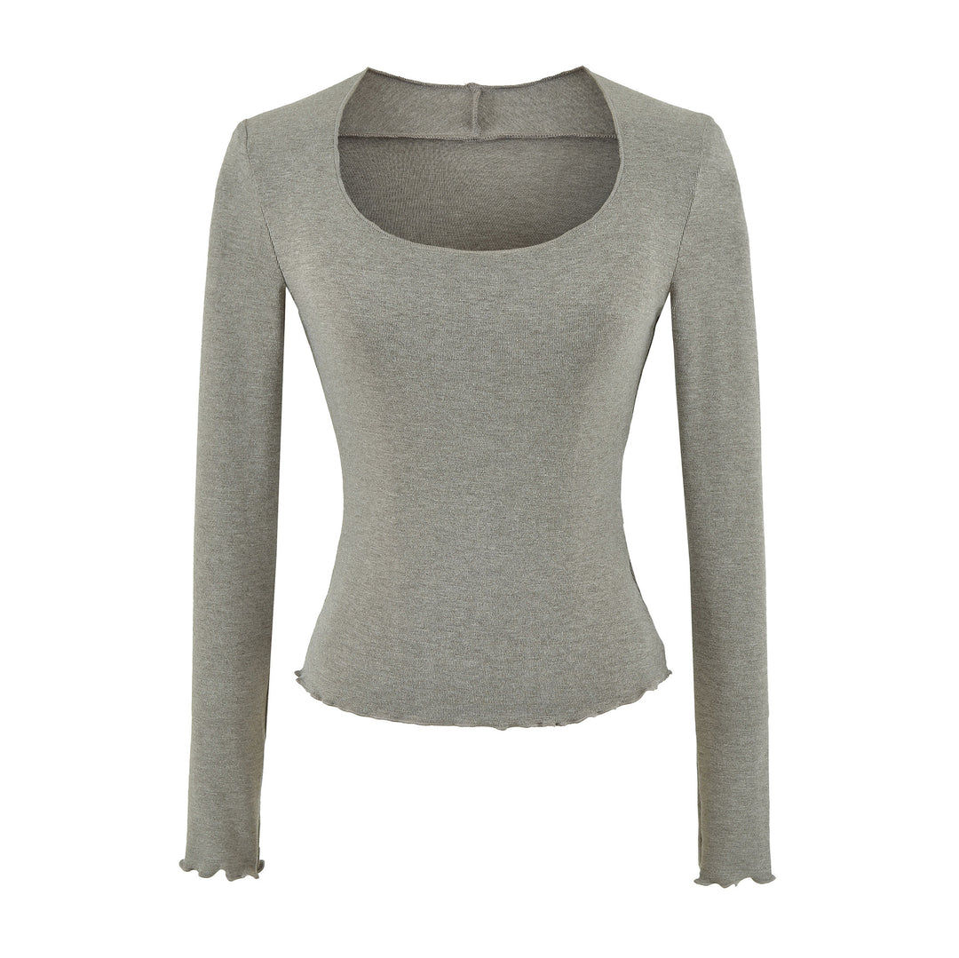 Damen Figurbetontes Langarm-Feinstrickshirt mit quadratischem Ausschnitt und Wellensaum Nord Taschen