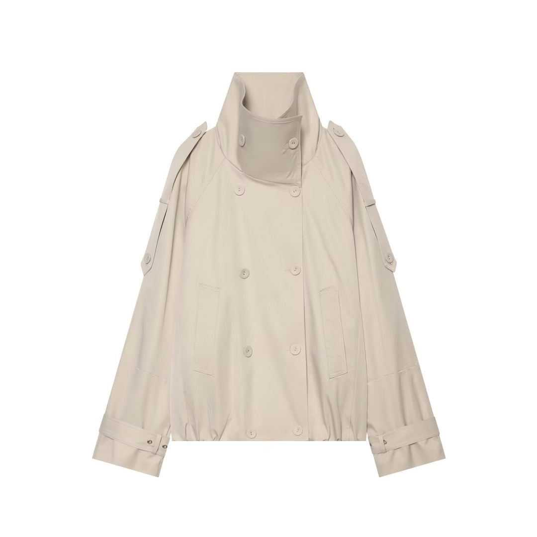 Damen Kurzgeschnittener Doppelreihiger Trenchcoat mit hohem Stehkragen und Cape-Ärmeln Nord Taschen