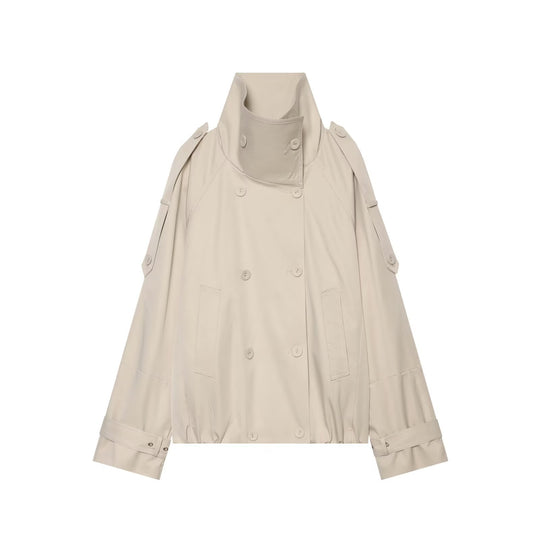 Damen Kurzgeschnittener Doppelreihiger Trenchcoat mit hohem Stehkragen und Cape-Ärmeln Nord Taschen