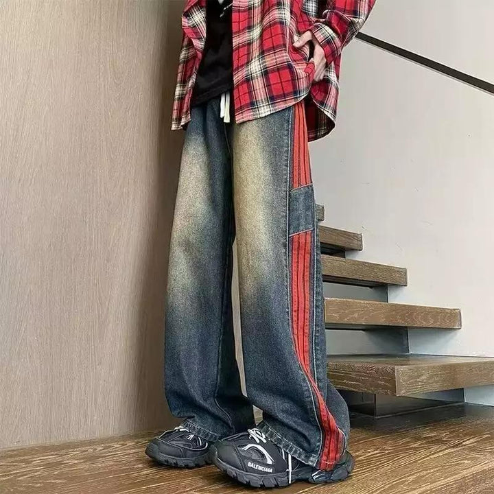 Herren weit geschnittene Denim-Hose mit seitlichen Streifen und Taschen