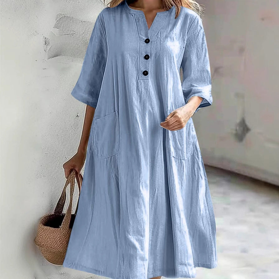 Damen lässiges Baumwollkleid mit Knopfleiste und praktischen Taschen