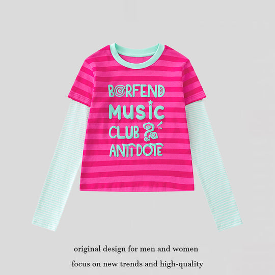 Damen Lagen-Langarmshirt im Layer-Look mit kontrastierenden Streifenärmeln und typografischem Print Nord Taschen