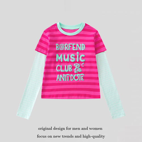 Damen Lagen-Langarmshirt im Layer-Look mit kontrastierenden Streifenärmeln und typografischem Print Nord Taschen
