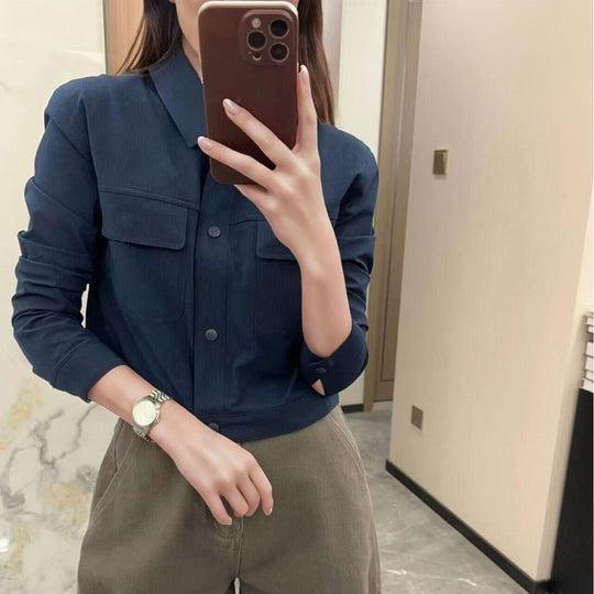 Damen Kurze Overshirt-Jacke aus strukturiertem Canvas mit Brusttaschen Nord Taschen