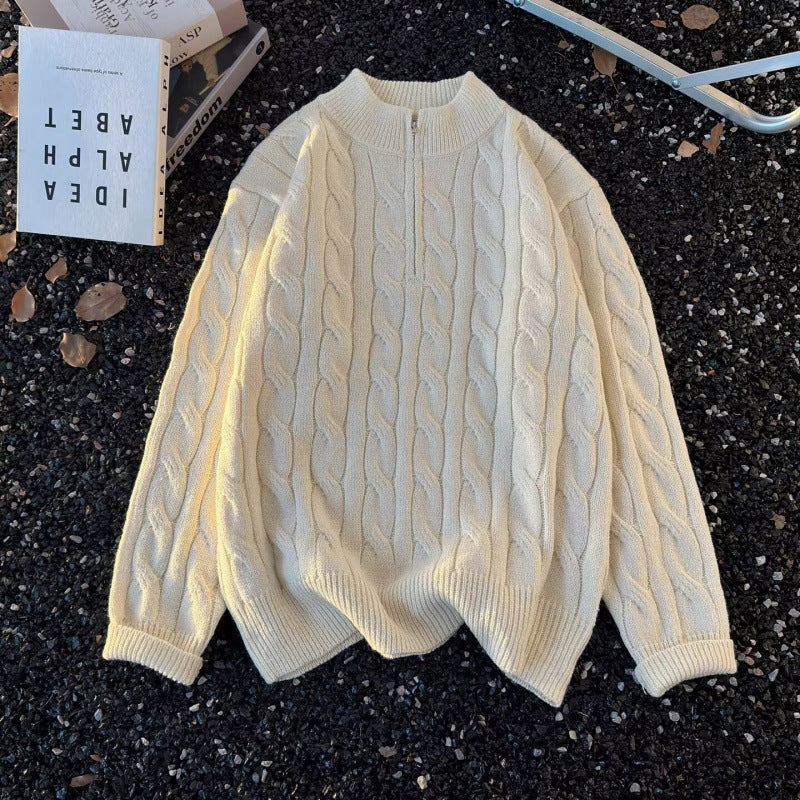 Unisex Oversize-Zopfmuster-Halbzip-Pullover mit extra hohem Rippkragen und schwerer Baumwollmischung Nord Taschen