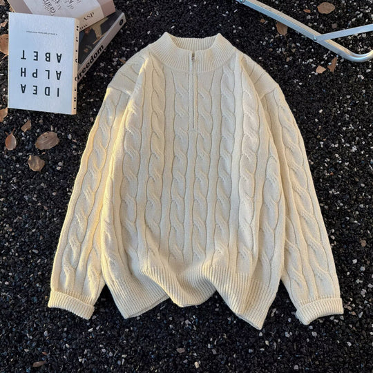 Unisex Oversize-Zopfmuster-Halbzip-Pullover mit extra hohem Rippkragen und schwerer Baumwollmischung Nord Taschen