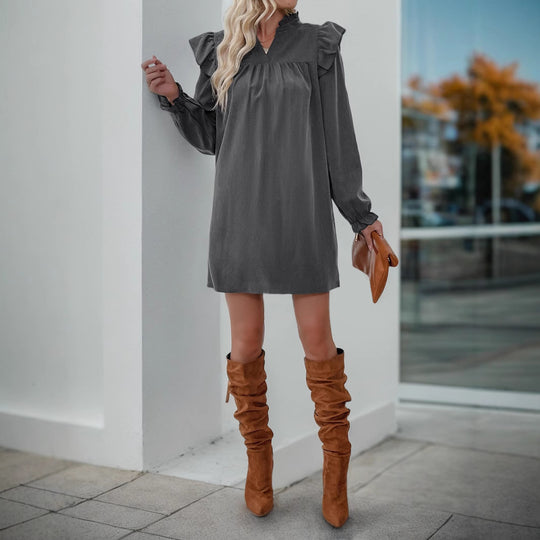 Damen Volant-Hemdkleid mit geraffter Passe, Stehkragen und elastischen Manschetten Nord Taschen