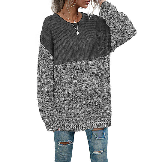 Damen Oversize Strickpullover mit Colorblock-Optik, rundem Ausschnitt und melierter Strukturstrick Nord Taschen