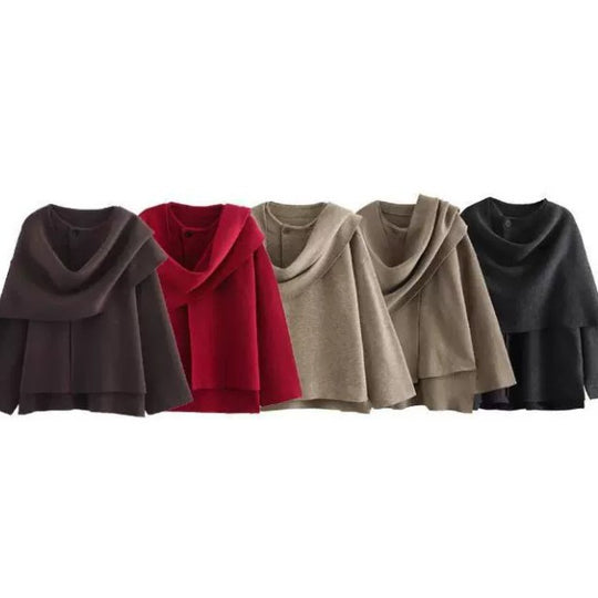 Damen 3500+ zweilagiger Wollmix‑Cape‑Poncho mit Knopfkragen und ausgestellten Ärmeln Nord Taschen