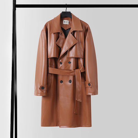Herren Lederimitat-Trenchcoat mit Doppelreiher, Oversize-Schnitt und Manschettenriegel Nord Taschen
