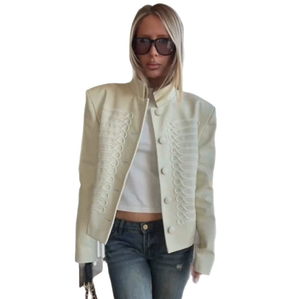 Damen Kurzjacke im Military-Stil mit dekorativer Kordverzierung und Stehkragen Nord Taschen