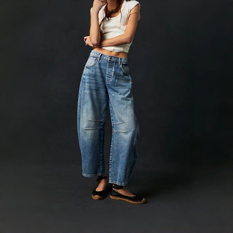 Damen Weite High-Waist Jeans im Vintage-Look mit ausgefallenem Waschverfahren