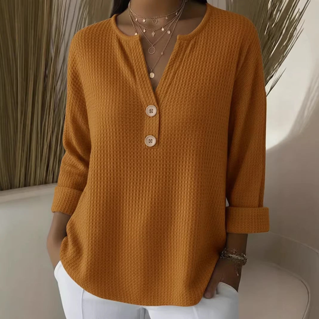 Damen Waffelstrick-Henleyshirt mit Holzknöpfen und krempelbaren Ärmeln Nord Taschen