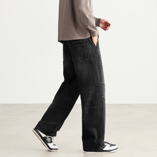 Herren Weite Denim-Hose mit Tunnelzugbund, Paneelnähten und Used-Waschung Nord Taschen