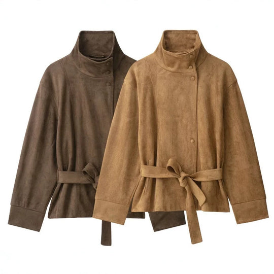 Damen Kurzjacke aus Veloursoptik mit Stehkragen und Taillengürtel Nord Taschen