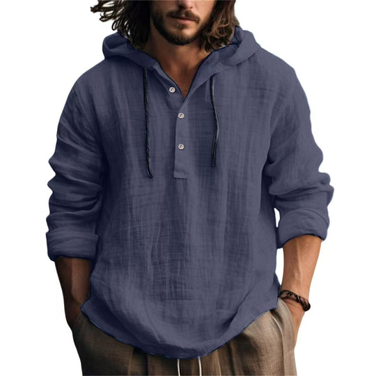 Herren Leichtes Kapuzenhemd im Leinenlook mit Henley-Knopfleiste Nord Taschen