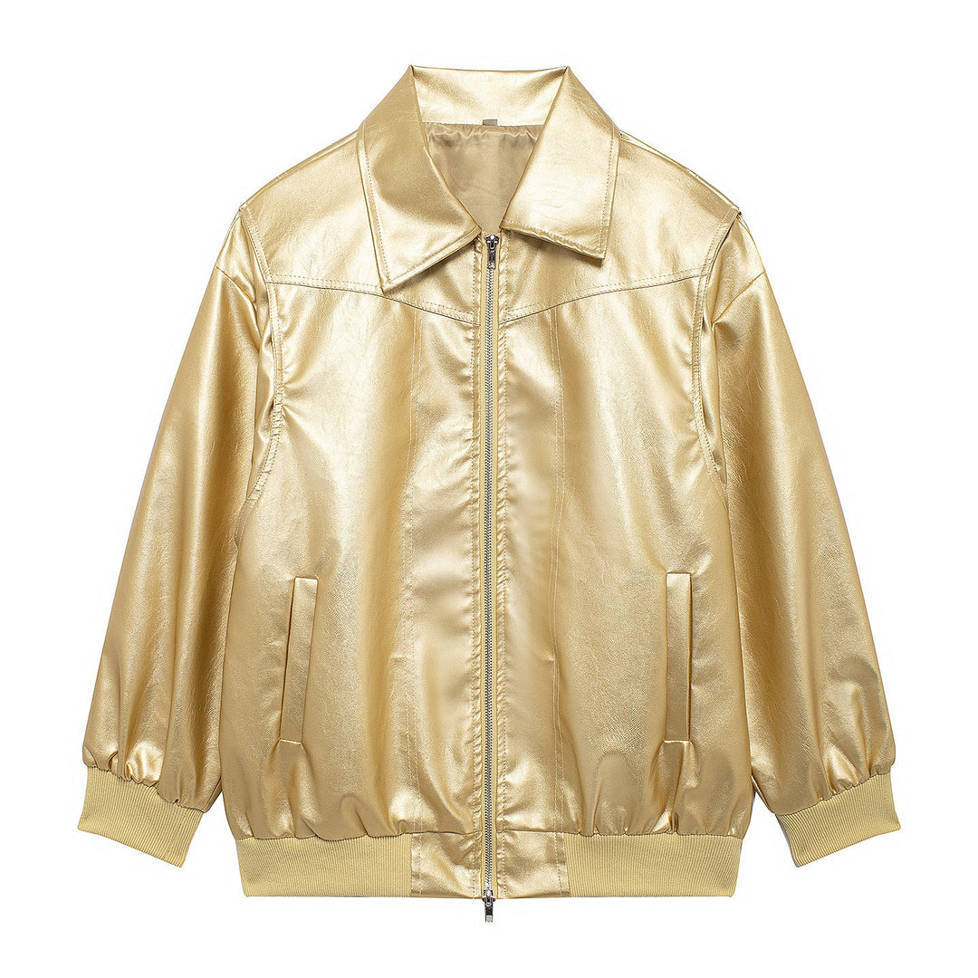 Damen Kunstlederjacke mit elastischen Bündchen und hochschließendem Kragen