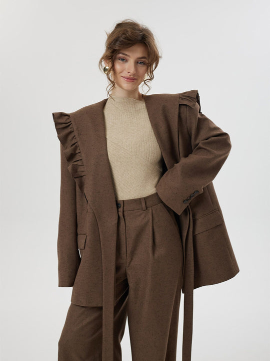 Damen Zweiteiliges Oversize-Blazer-und-Hose-Set mit Volant-Schulter und hoher Bundfalte Nord Taschen