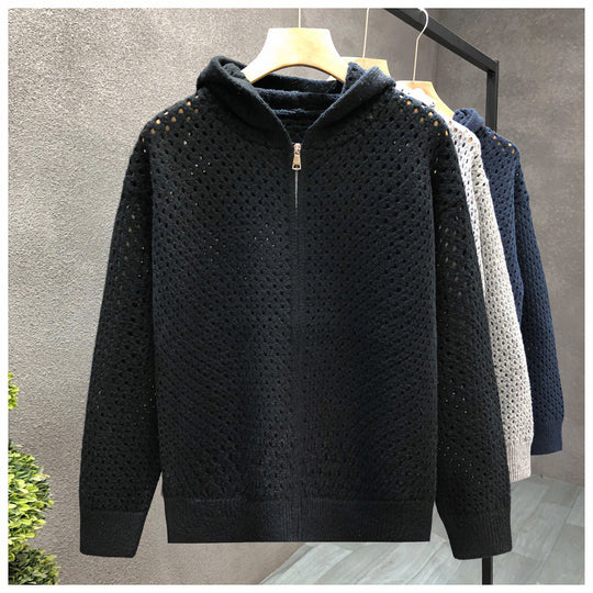 Unisex Leichte Lochstrick-Kapuzenzipjacke mit Ajourmuster Nord Taschen