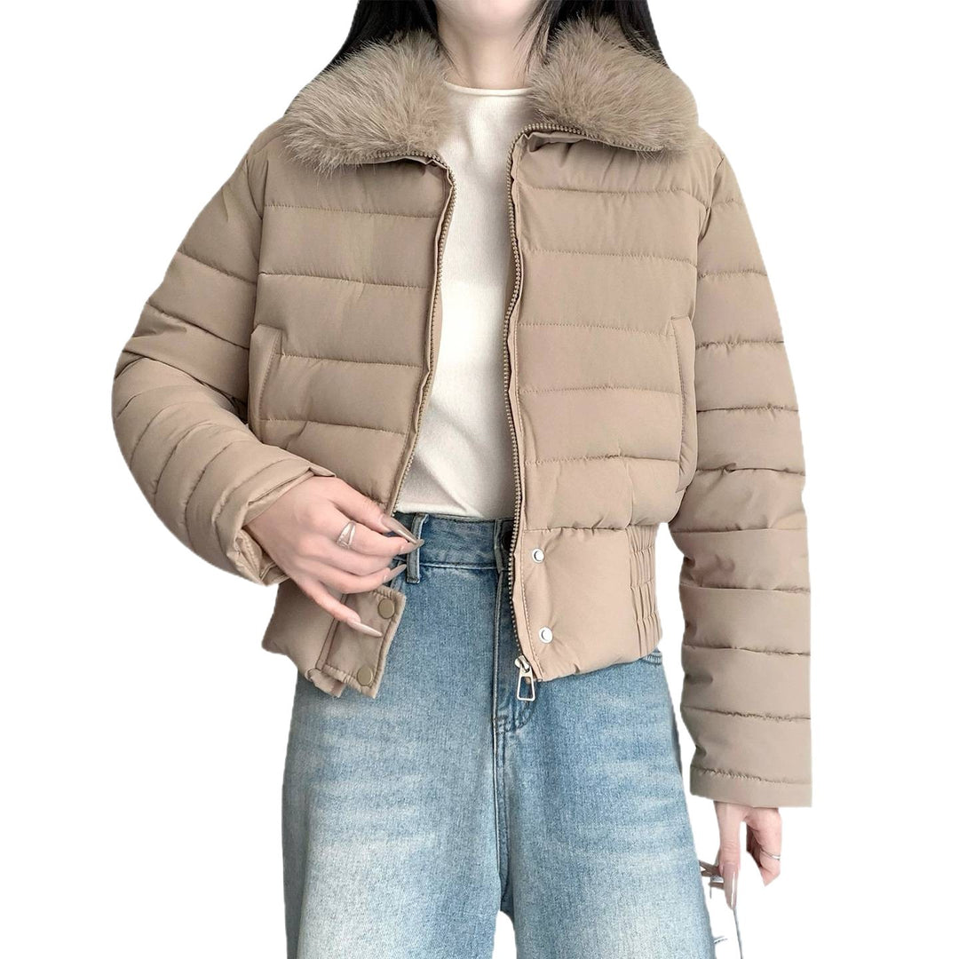 Damen nan kurze wattierte Taillenjacke mit abnehmbarem Kunstfellkragen und verstärktem Saum Nord Taschen