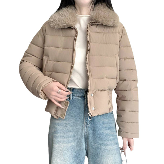 Damen nan kurze wattierte Taillenjacke mit abnehmbarem Kunstfellkragen und verstärktem Saum Nord Taschen