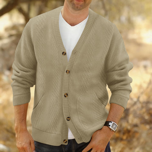 Herren Strukturierter Strickcardigan mit Zopf- und Waffelmuster, Knopfleiste und aufgesetzten Taschen Nord Taschen