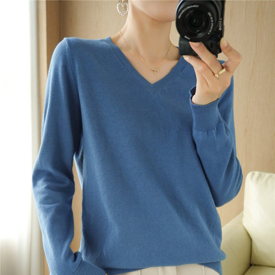 Damen Leichter V‑Ausschnitt Feinstrickpullover aus kaschmirweicher Baumwollmischung mit elastischen Rippbündchen Nord Taschen