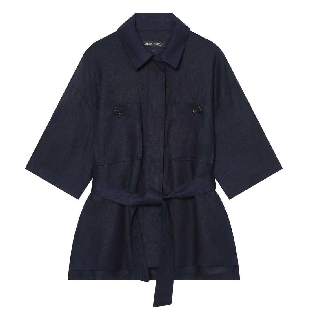 Damen Kurzjacke aus Leinen mit Taillengürtel und aufgesetzten Fronttaschen Nord Taschen
