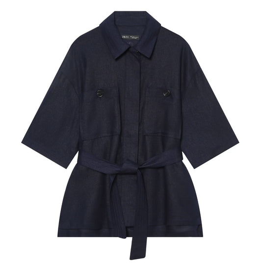 Damen Kurzjacke aus Leinen mit Taillengürtel und aufgesetzten Fronttaschen Nord Taschen