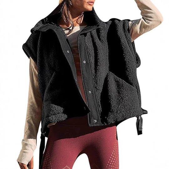 Damen Übergroße Teddyfleece-Weste mit Kapuze und Druckknöpfen Nord Taschen