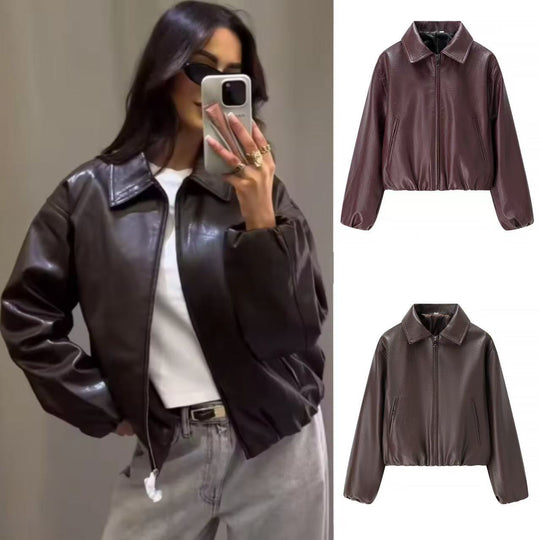 Damen Kurz geschnittener Lederimitat-Blouson mit Reißverschluss und Gummizugsaum Nord Taschen