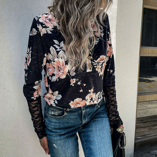 Damen Henley-Top mit Rosenprint, Spitzenmanschetten und Zierknopfleiste Nord Taschen