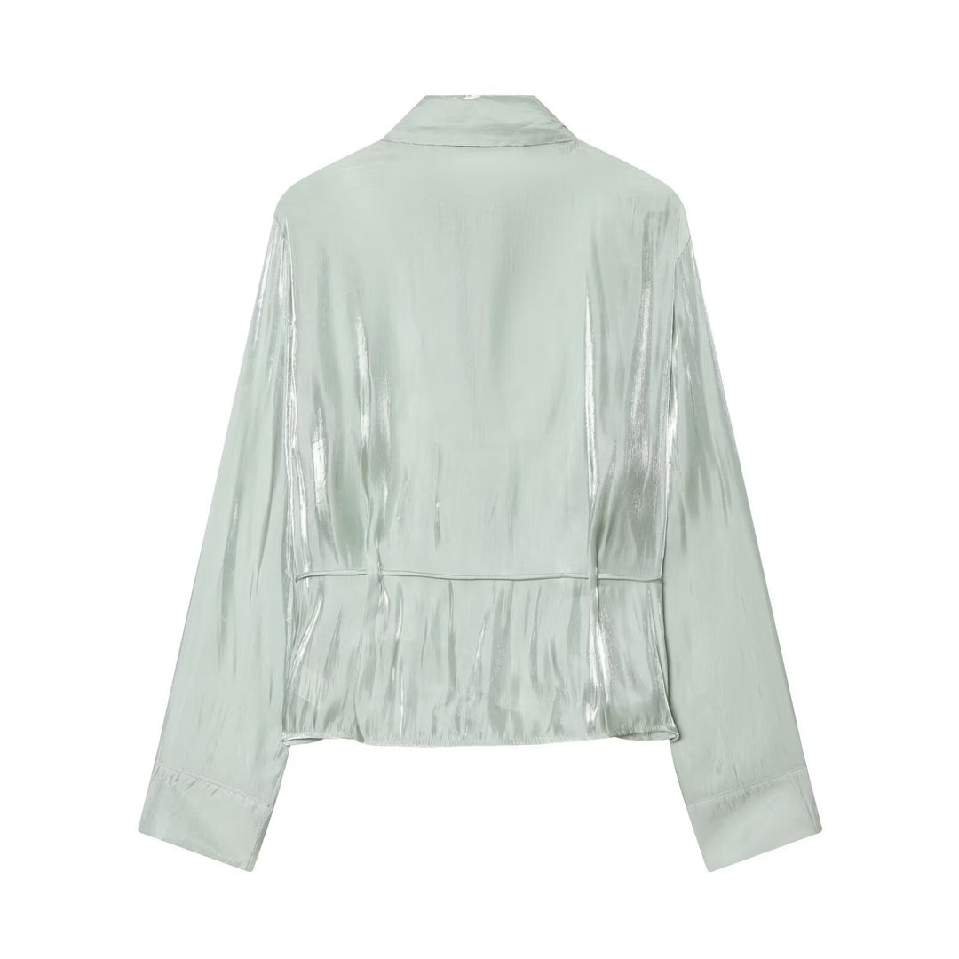 Damen Leichter Satin-Blouson im Crop-Schnitt mit Hemdkragen und Tunnelzug-Detail Nord Taschen